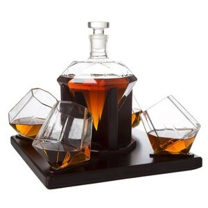 The Wine Savant Diamond Decanter with Four Glasses & Wood Base Hand Blown 750ml